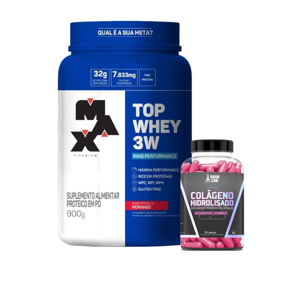 Imagem de Kit Top Whey 3w Mais Performance 900g Max Titanium + Colageno 120 Dark Lab