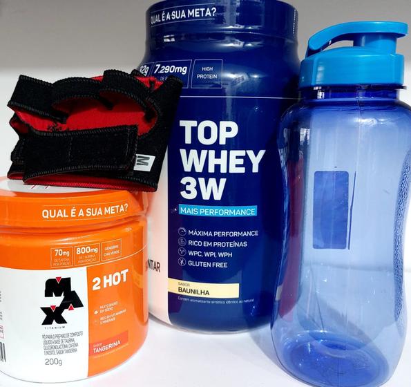 Imagem de Kit - top whey 3W sabor baunilha + 2hot sabor tangerina + garrafa + luva