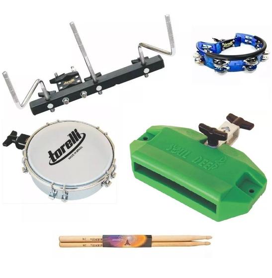 Imagem de Kit Torelli Rack 3 Hastes + Tamborim + Bloco Sonoro + Pandeirola Meia Lua