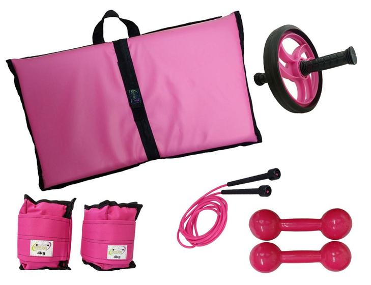 Imagem de Kit Tornozeleira 4KG Rosa + Halteres 4KG Rosa + Colchonete Dobravel Rosa + Roda + Pula Corda
