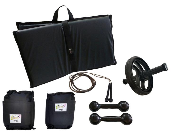 Imagem de Kit Tornozeleira 5KG Lilás + Halteres 5KG Lilás + Colchonete Lilás + Roda Preta + Pula Corda