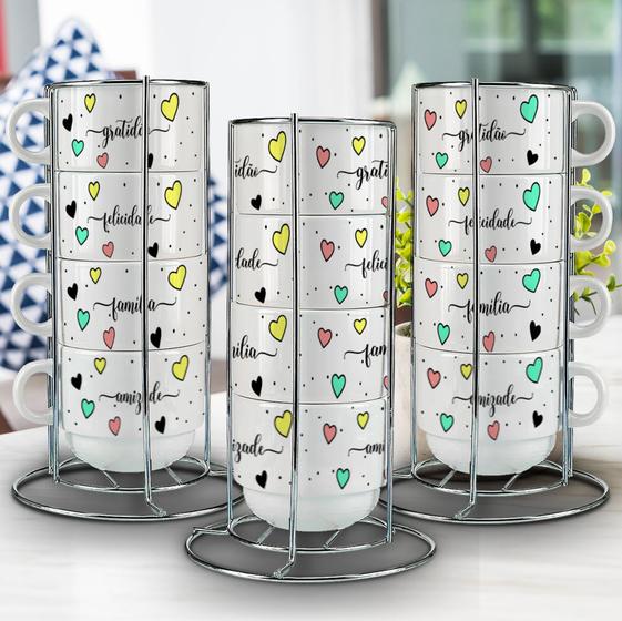 Imagem de Kit Torre Com 4 xícaras de Porcelana Louça Com Suporte Personalizado com Frases
