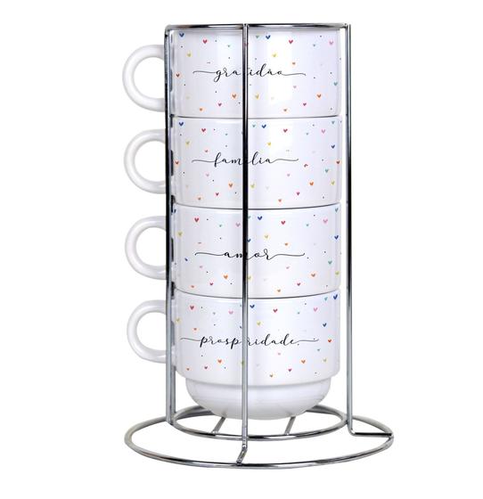 Imagem de Kit Torre Com  4 xícaras de Porcelana Louça Com Suporte  Personalizado  Com Frases