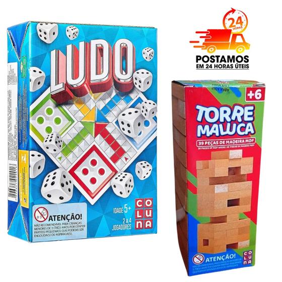 Imagem de Kit Torre Maluca Madeira 39 Peças e Jogo de Tabuleiro Ludo Pais e Filhos