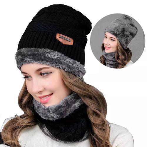 Imagem de Kit Touca Boina Gorro Cachecol Beanie Forrada Inverno Femin.