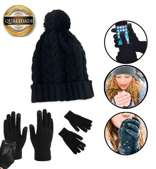 Imagem de Kit Touca Gorro de Lã Tricot e Luvas Touch para Celulares