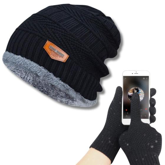 Imagem de Kit Touca Gorro Lã Forrada + Luva Touch Mexer Celular Tablet