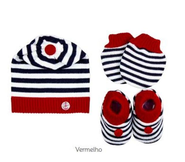 Imagem de Kit Touca Luva e Sapatinho Tricot Tricô VERMELHO COM MARINHO para Bebê RN 0 a 3 meses TRICART