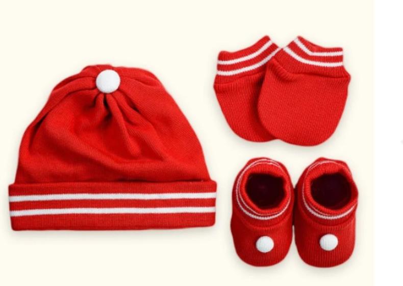 Imagem de Kit Touca Luva e Sapatinho Tricot Tricô VERMELHO LISTRADO para Bebê RN 0 a 3 meses TRICART