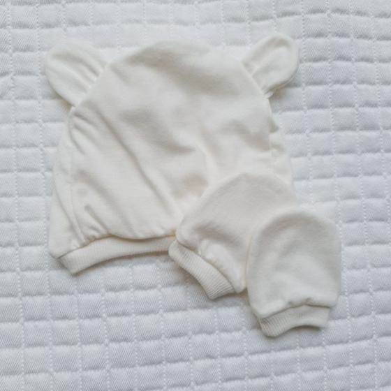 Imagem de Kit touca ursinho e luva para bebê minimalista unissex recém nascido malha 100% algodão