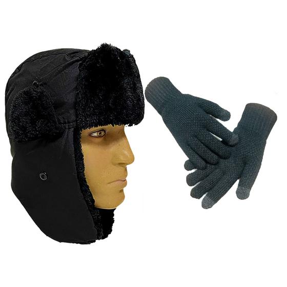 Imagem de Kit Touca Ushanka e Luva de Frio Gorro Proteção Orelhas Aviador Inverno Par Luvas Lã