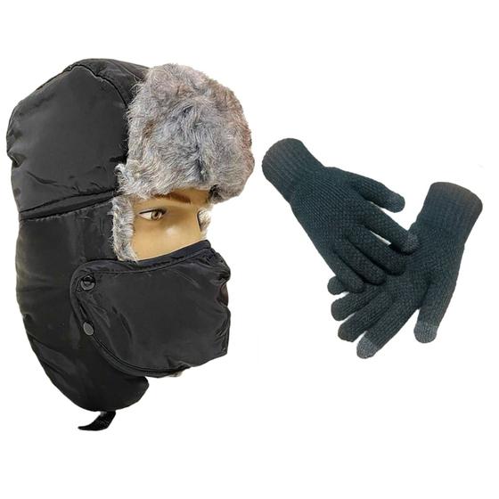 Imagem de Kit Touca Ushanka e Luva de Frio Gorro Proteção Orelhas Aviador Inverno Par Luvas Lã