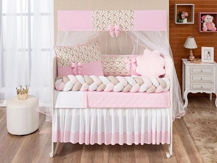 Imagem de Kit Trançado De Berço Doce Bebê Menina 12 Peças Com Saia Box