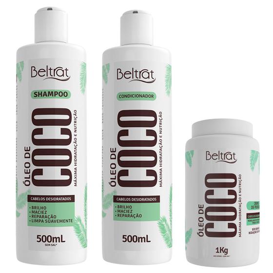 Imagem de kit tratamento capilar beltrat profissional shampoo + cond 500ml + creme de pentear 1kg óleo de coco