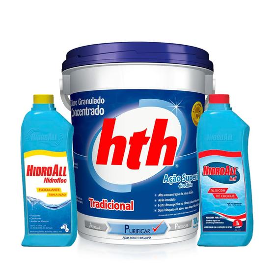 Imagem de Kit Tratamento HTH Tradicional Hidroall Clarificante Algicida Choque 1LT