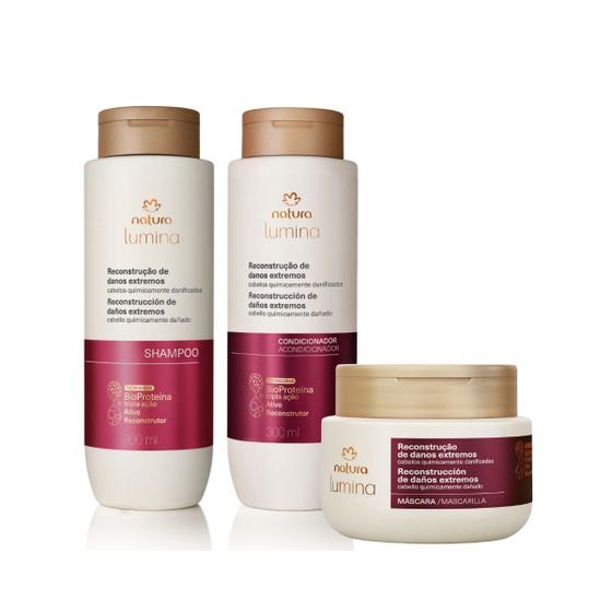 Kit Tratamento para Cabelos Quimicamente Danificados Natura Lumina Shampoo Condicionador Máscara Menor preço em Kit Tratamento para Cabelos Quimicamente Danificados Natura Lumina Shampoo Condicionador Máscara
