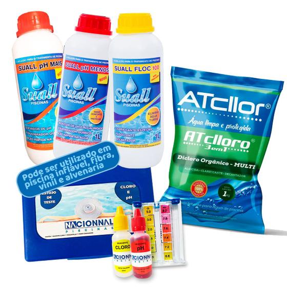 Imagem de Kit Tratamento Piscina Com Clarificante Cloro Redutor Elevador Ph Teste Cloro Inflável Fibra Vinil