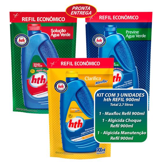 Imagem de Kit Tratamento Piscinas Com Hth Maxfloc Clarificante Algicida Manutenção e Choque Refil 900ml