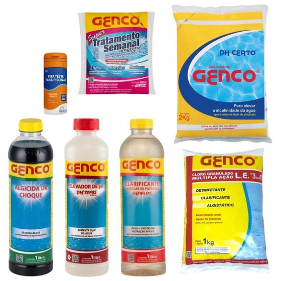 Imagem de Kit Tratamento Semanal, 1kg Cloro, Ph Certo 2kg e Fita Prova + Clarificante, Ph+ e Algicida Choque Genco
