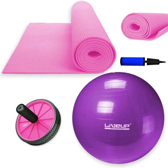 Imagem de Kit Treino Bola Suica 55 Cm + Colchonete Eva Pilates / Yoga + Roda Abdominal Rosa + Mini Bomba  Liveup Sports 