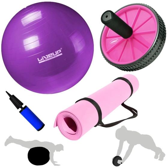 Imagem de Kit Treino Bola Suica 55cm + Colchonete Eva + Roda Abdominal + Bomba  Mandiali 