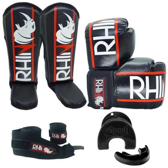 Imagem de Kit Treino Muaythai Rhino com Luva + Caneleira + Bandagem + Bucal