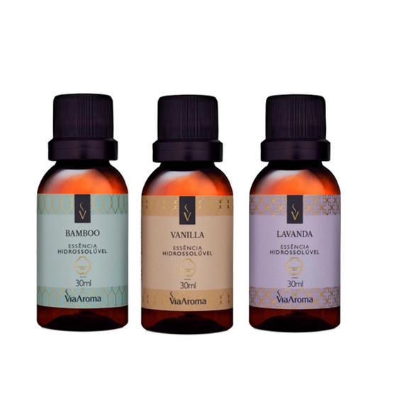 Imagem de Kit Tres Essencias Hidrossoluvel Via Aroma 30 ml Bamboo Vanilla Lavanda para Umidificador