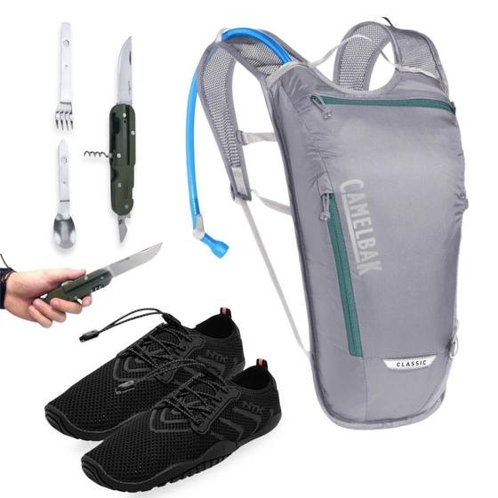 Imagem de Kit Trilha Mochila de Hidratacao 2l + Conjunto de Talheres Timber + Tenis Caminhada Tam 40 Aquatek