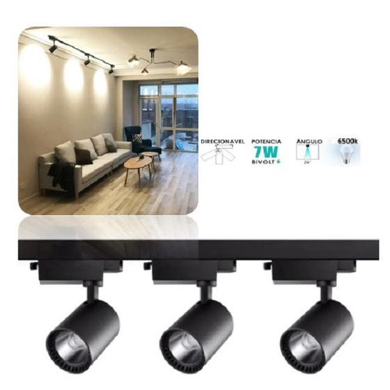 Imagem de Kit Trilho Eletrificado 1 Metro Com 3 Spots Direcionavel Preto Led 7W 6500K