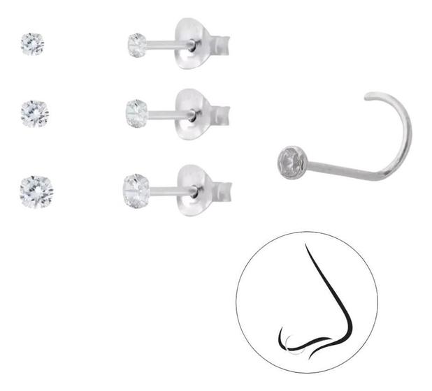 Imagem de Kit Trio Brinco Pedra Zirconia Piercing Nariz Prata Nar10