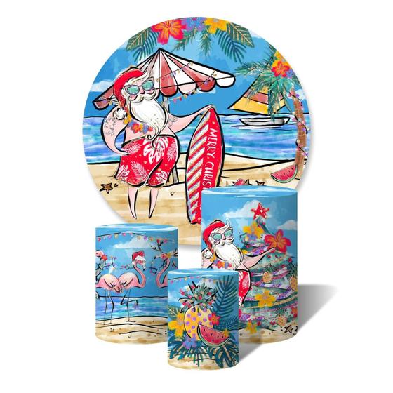 Imagem de Kit Trio de Capas Cilíndricas + Painel Redondo Natal Papai Noel na Praia Verão Tropical Aquarela