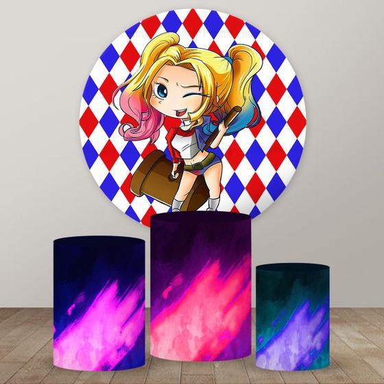 Imagem de Kit Trio de Capas Cilindro + Painel Tema Arlequina Veste Fácil 3d Sublimado C/elástico Festa Aniversario