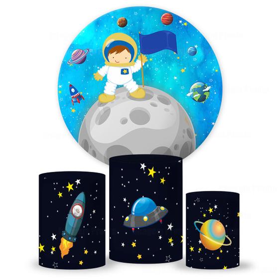 Imagem de Kit Trio de Capas Cilindro + Painel Tema Astronauta Veste Fácil 3d Sublimado C/elástico Festa Aniversario