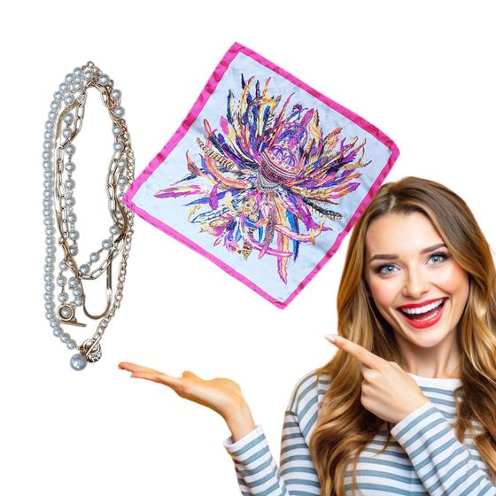 Imagem de Kit Trio de Colar Choker Misto com Pérola + 1 Lenço Estampado 50x50 Pescoço Cabelo Bolsa = Total 4 Produtos