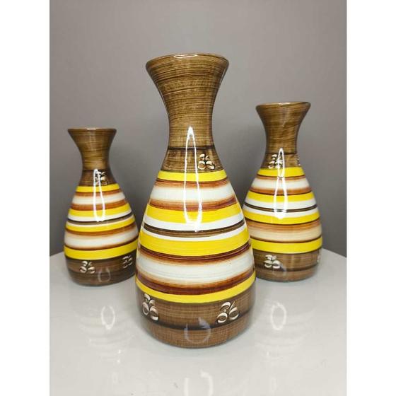 Imagem de Kit Trio de Vasos Decorativos Garrafinhas em Cerâmica Marrom