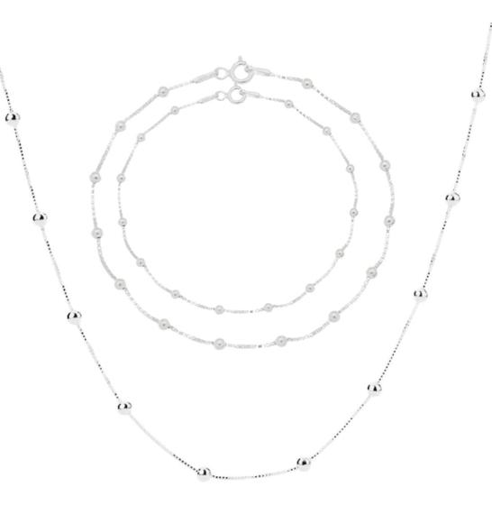 Imagem de Kit Trio Prata 925 Tornozeleira Pulseira Colar Bolinhas Elo