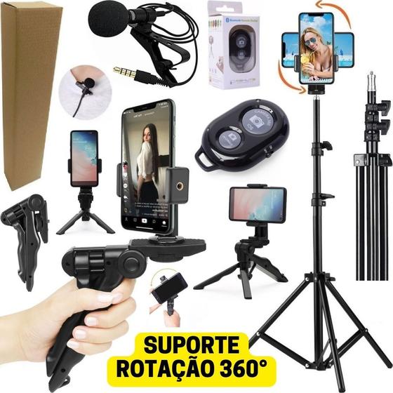 Imagem de Kit Tripé Pedestal 2m Acessórios Câmera Suporte Filmagem No Celular Youtuber Blogueira