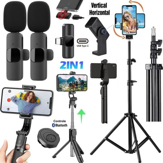 Imagem de Kit Tripé Pedestal 2m Suporte Vertical Celular Bastão Controle Microfone Sem Fio Duplo Tipo-C