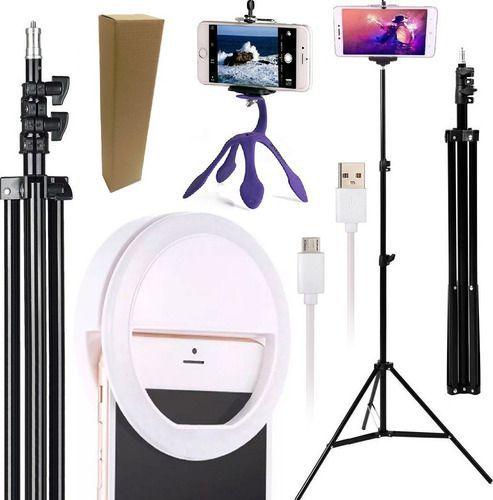 Imagem de Kit Tripé Profissional Pedestal Celular Luz Flash Ring Light