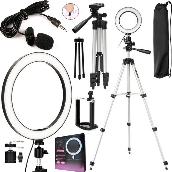 Imagem de Kit Tripé Profissional Pedestal + Ring Light Led Iluminador + Microfone Lapela Celular Universal Youtuber