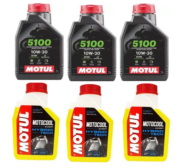 Imagem de Kit troca oleo moto 3x motul 5100 10w30 semi-sintético + 3 motocool