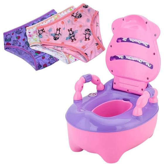 Imagem de Kit Troninho Infantil Musical Pinico Privadinha Piniquinho Rosa Menina Penico + Calcinhas Sortidas Algodão