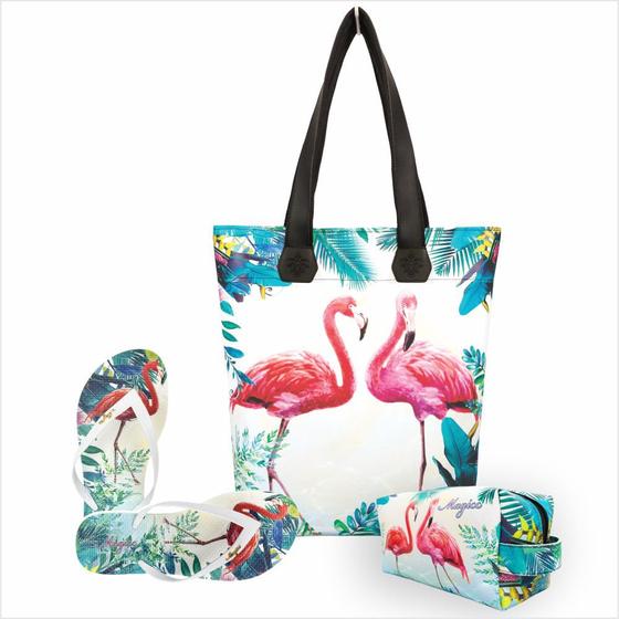 Imagem de Kit Tropical Feminino Flamingos com Bolsa, Necessaire e Chinelo, Magicc