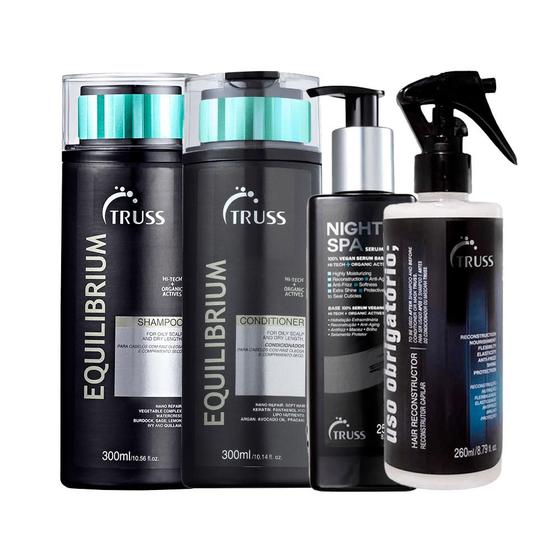 Imagem de Kit Truss - Equilibrium Shampoo 300ml + Condicionador 300ml + Night Spa Sérum 250ml + Uso Obrigatório Reconstrutor 260ml