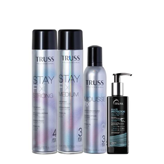 Imagem de Kit Truss Fix Mousse Modelador Strong Medium Spray Fixador e Hair Protector (4 produtos)