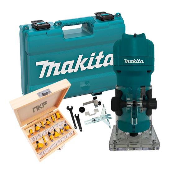 Imagem de Kit Tupia 6mm 530W 3709 Makita e Conjunto de 12 Fresas para Madeira NKF e Maleta