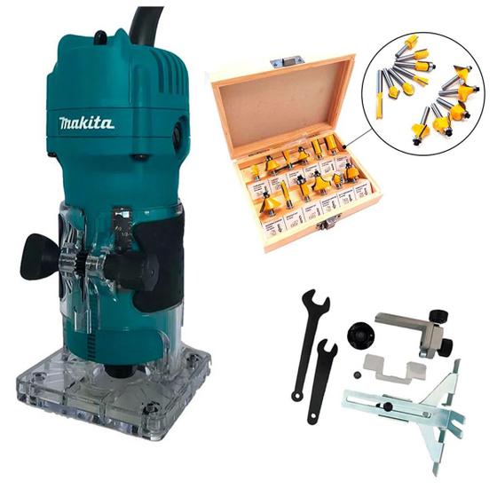 Imagem de Kit Tupia 6mm 530W 3709 Makita e Jogo de Fresas para Madeira 6mm NKF