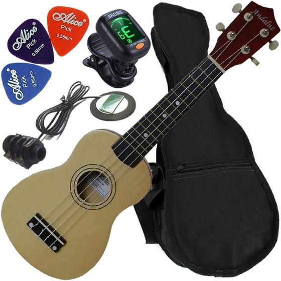 Imagem de Kit Ukulele Barato Elétrico Soprano Uk-S01 Andaluz Natural