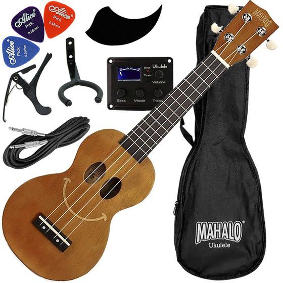 Kit Ukulele Soprano Elétrico Ativo Mahalo Série USmile EQ Marrom C