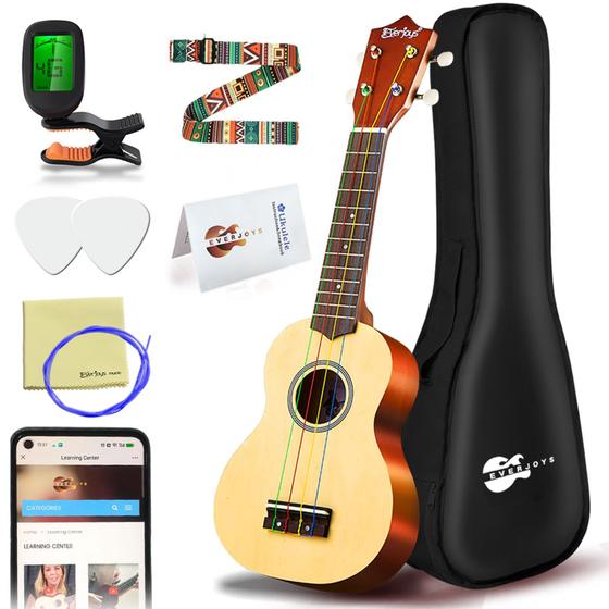 Imagem de Kit Ukulele Soprano Everjoys 21 Polegadas para Iniciantes - Cordas Arco-Íris